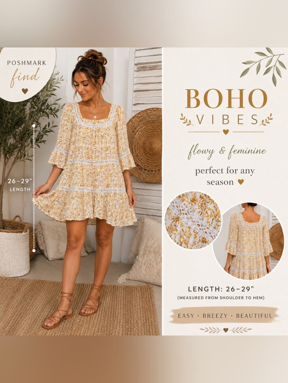Free People Mustard Floral Crochet Trim Tiered Top - XS